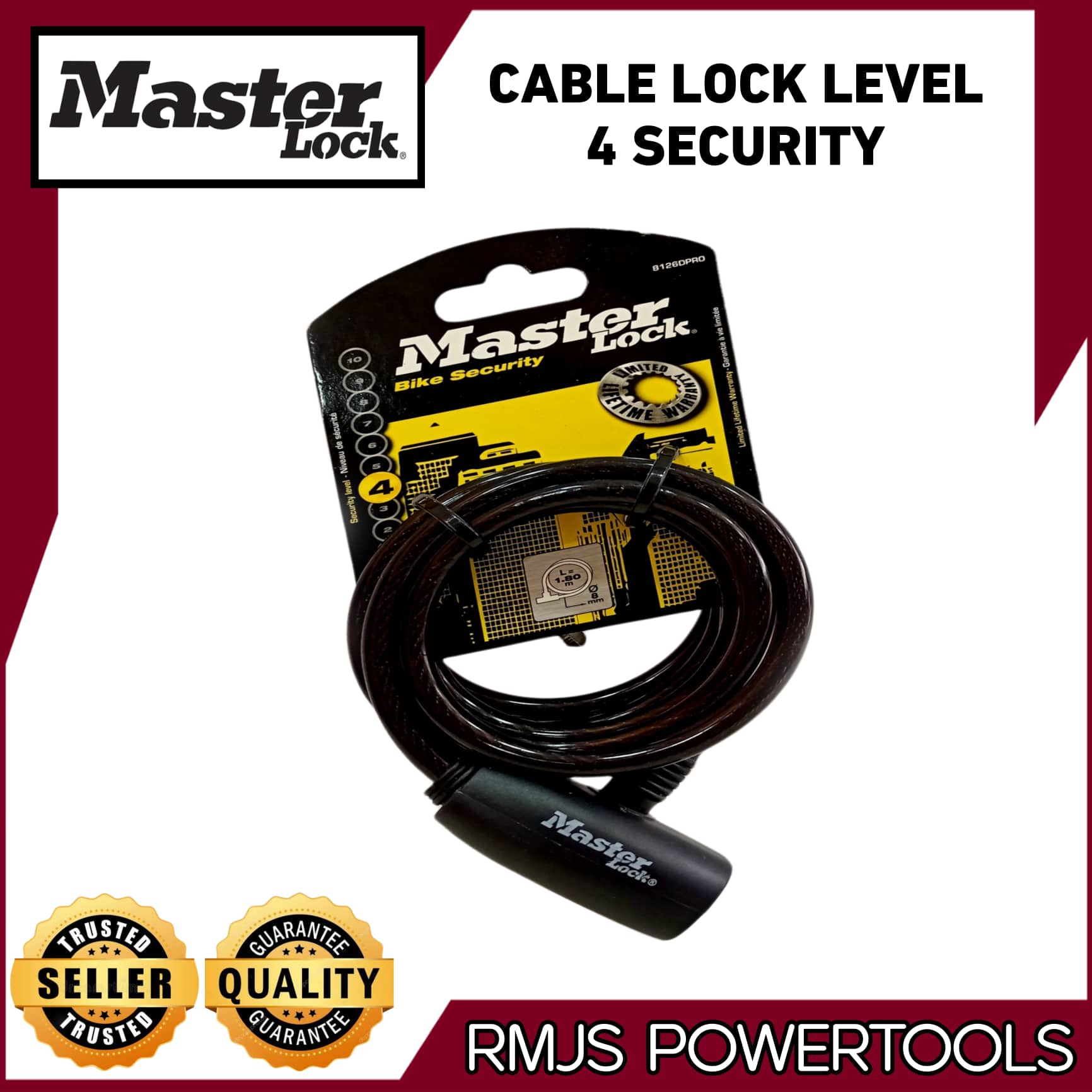 MASTERLOCK Bike Security Lock Level 4 1.80m Multi Purpose Motorcycle