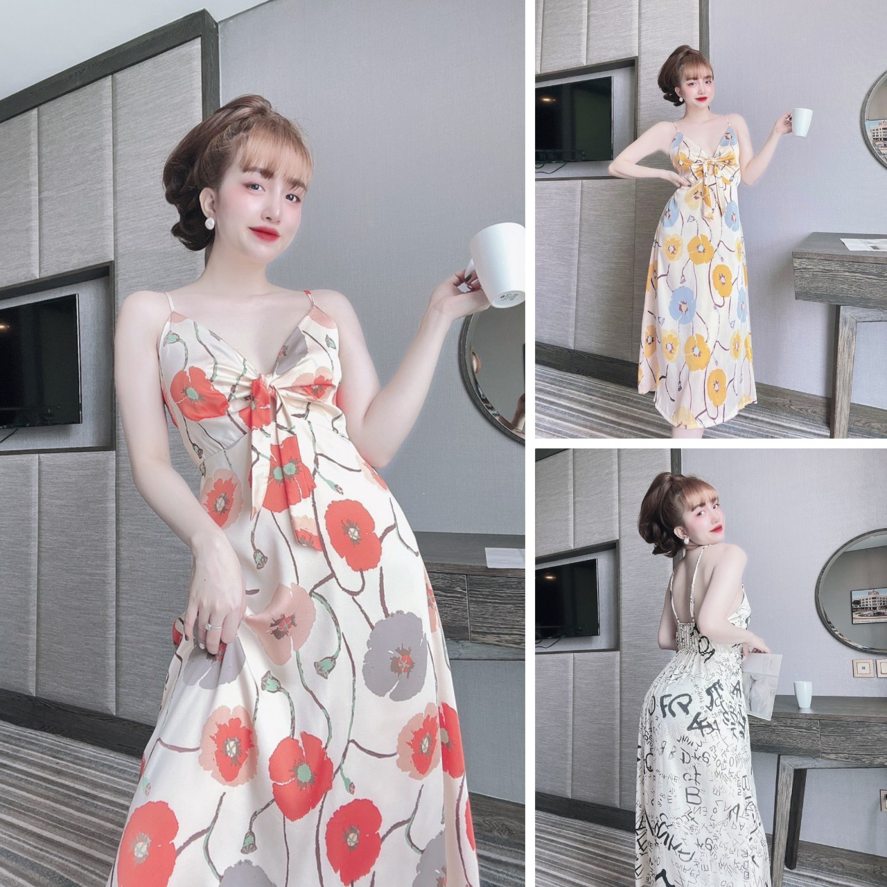 Đầm maxi 2 dây thắt nơ lụa latin mềm mát, váy maxi hè 2 dây