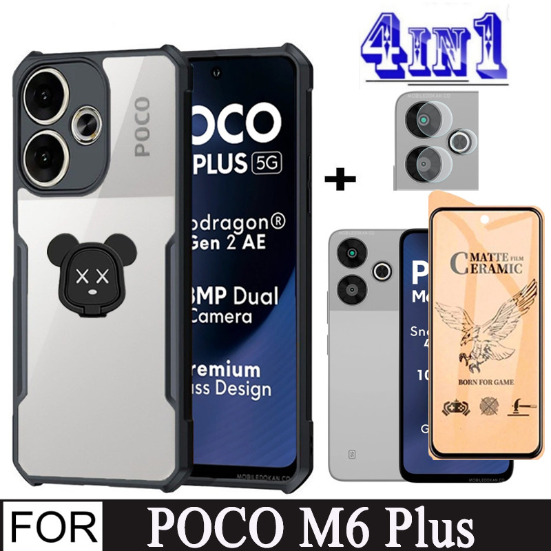 4 in 1 Poco M6 Plus Shockproof Phone Case for Poco C61 C65 M6 4G 5G Camera Lens Ceramic Tempered Glass Screen Protector + Mobile phone holder