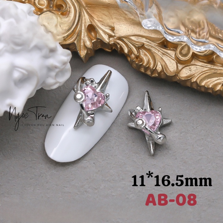 Charm bạc sao 4 cánh đá tim trang trí móng tay ab