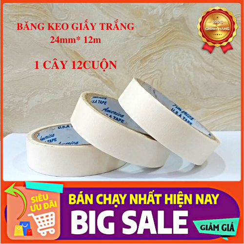 BĂNG KEO GIẤY TRẮNG 1 cây (12 cuộn) 24mm* 12m