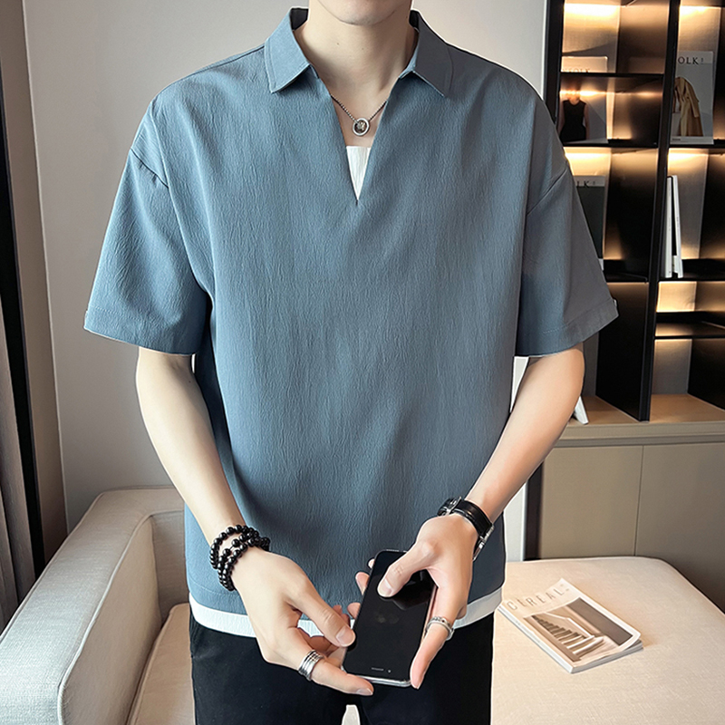 Áo sơ mi nam tay ngắn cổ chữ v trơn màu thời trang francisb so mi nam 034
