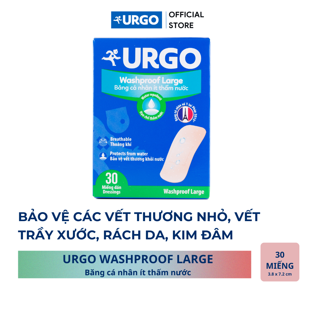 Băng cá nhân ít thấm nước Urgo Washproof Large (Hộp 30 miếng)