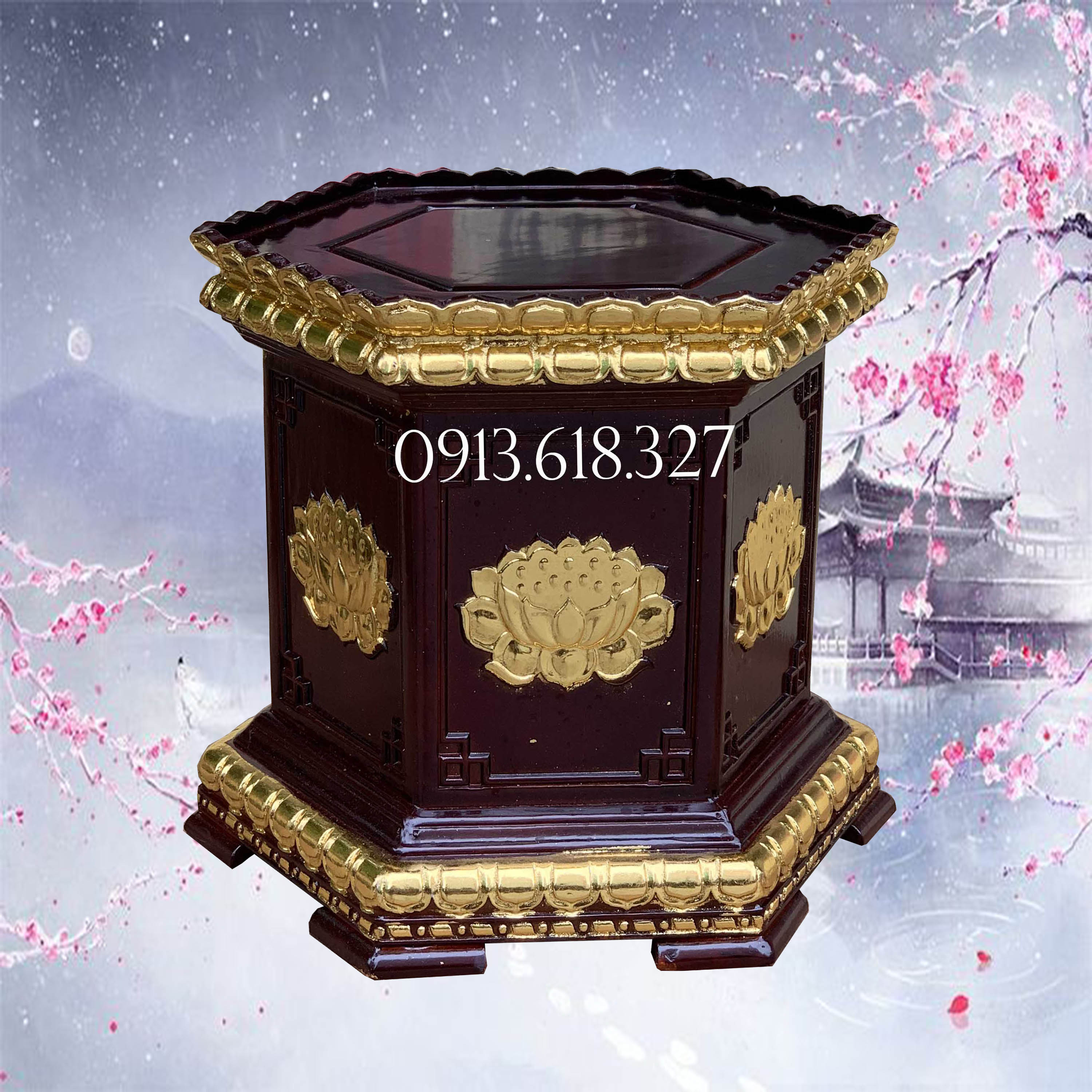 Đài đế lục giác hoa sen màu đen rát vàng gỗ hương cao 20,30cm