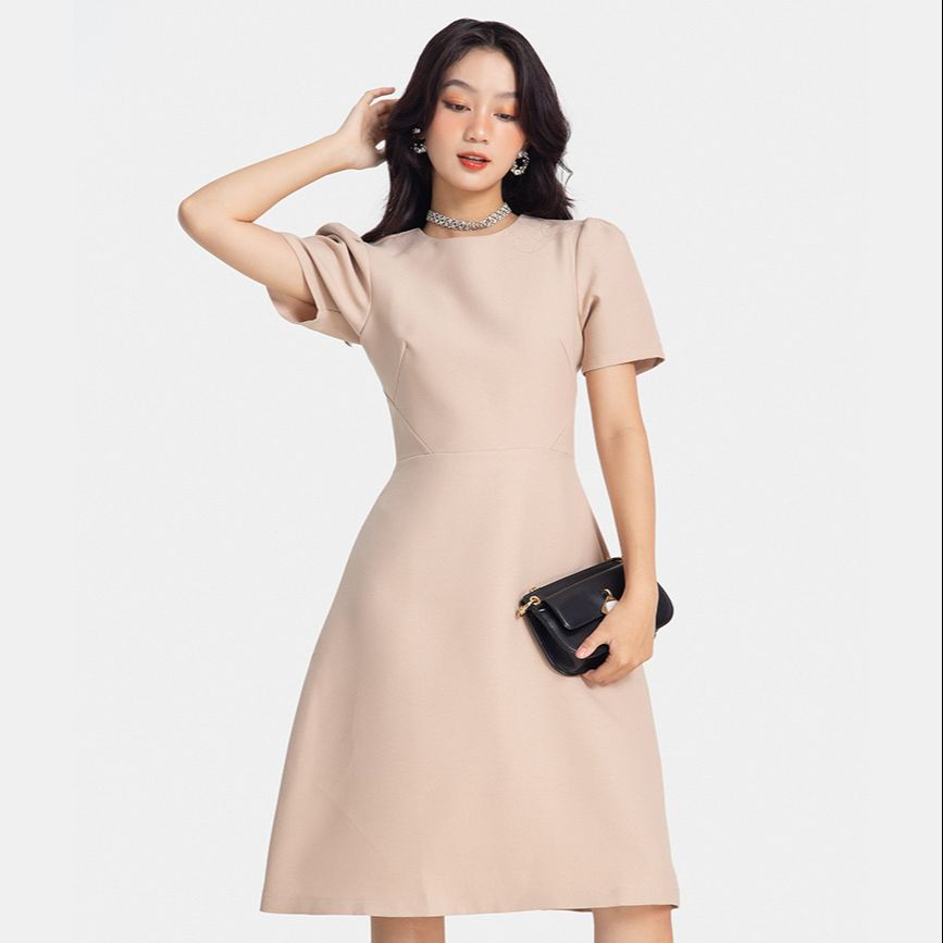 Đầm Lửng Nữ Thời Trang HNOSS Kiểu Basic Tay Ngắn HNDLU030