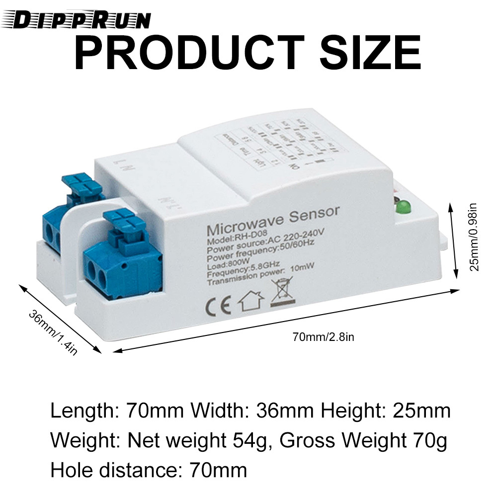 DIPPRUN 5.8G Microwave Radar Sensor Switch DIP 220-240V 360 Degree Microwave Sensor High Sensitivity Long Distance Microwave Detector Switch