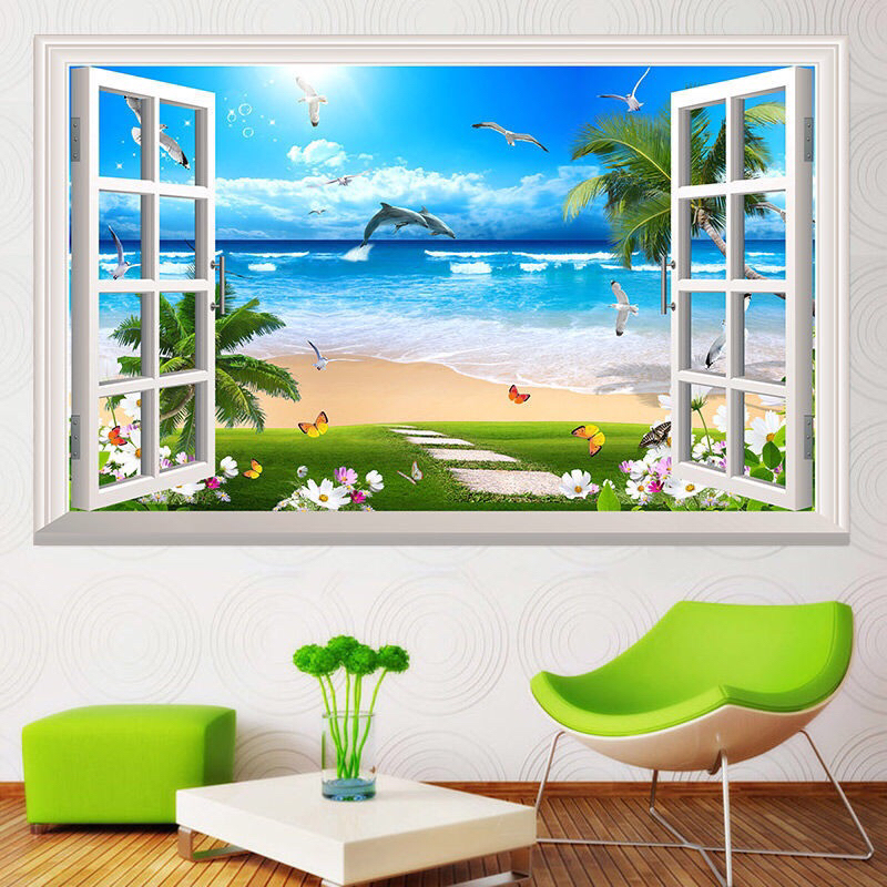 Khung tranh dán tường trang trí 3D giả cửa sổ trang trí phòng khách
