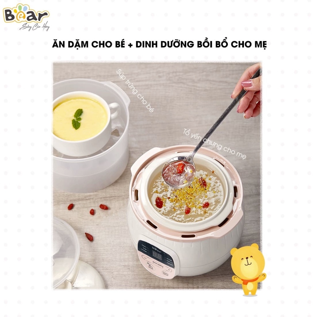 Nồi nấu cháo chậm Bear 0,8L bản tiếng Việt có lồng hấp