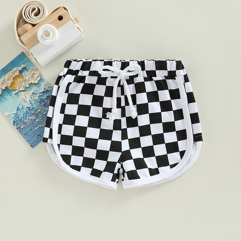 【Forever CY Baby】Toddler Summer Casual Shorts Fashion Checkerboard Print Tie-up Elastic Waist Short Pants