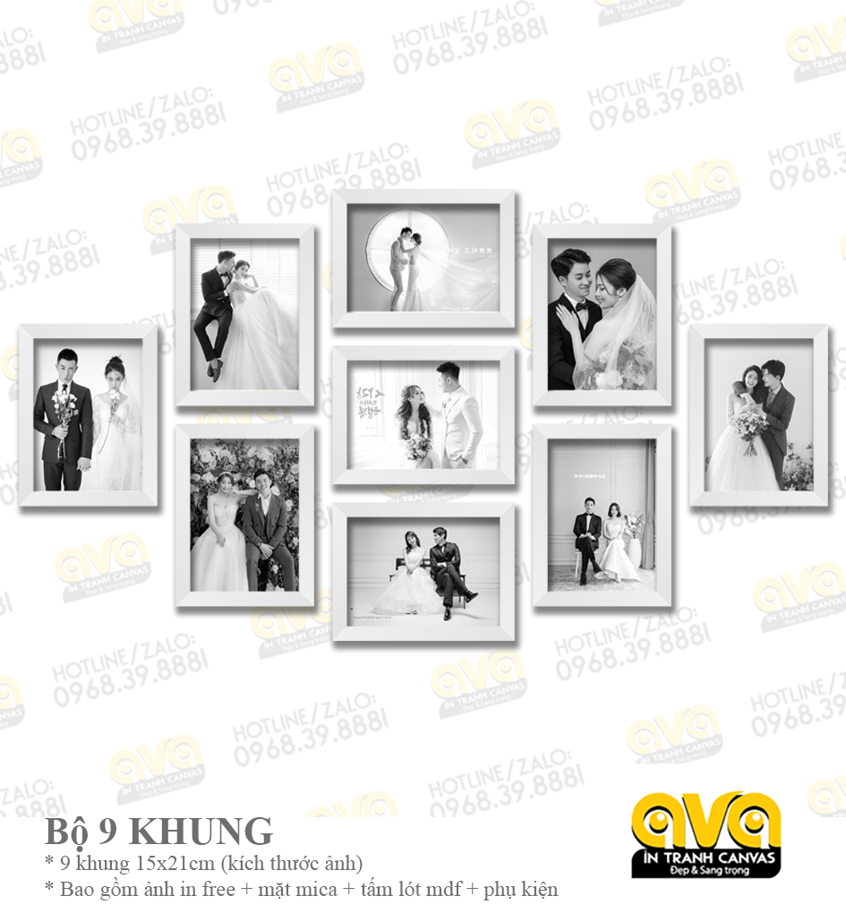 Bộ 9 khung ảnh treo tường Bao gồm Khung - Ảnh - Phụ kiện
