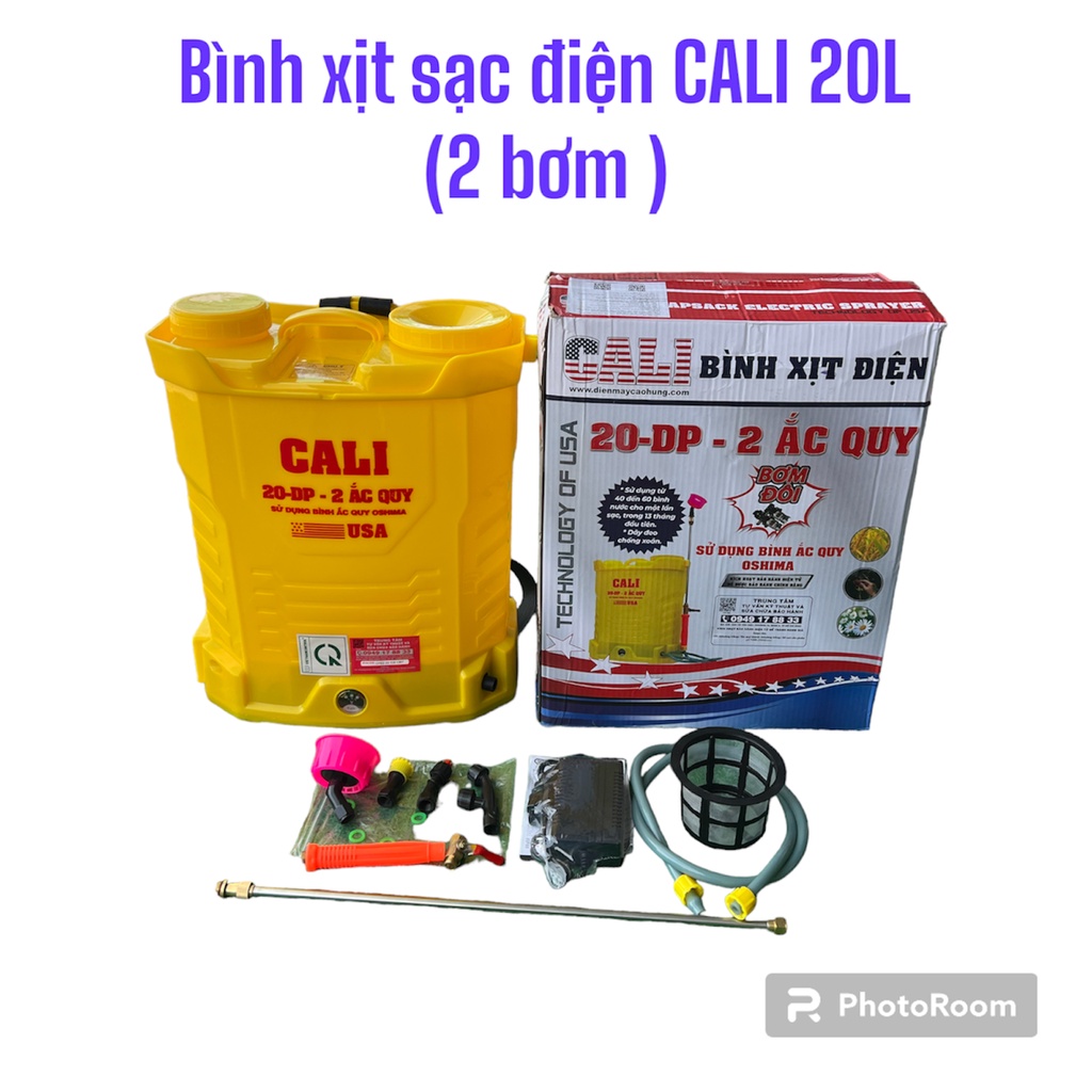 Bình xịt điện Cali 20 DP Vàng (20 lít, bơm đôi, Acquy lớn 12V-12AH)