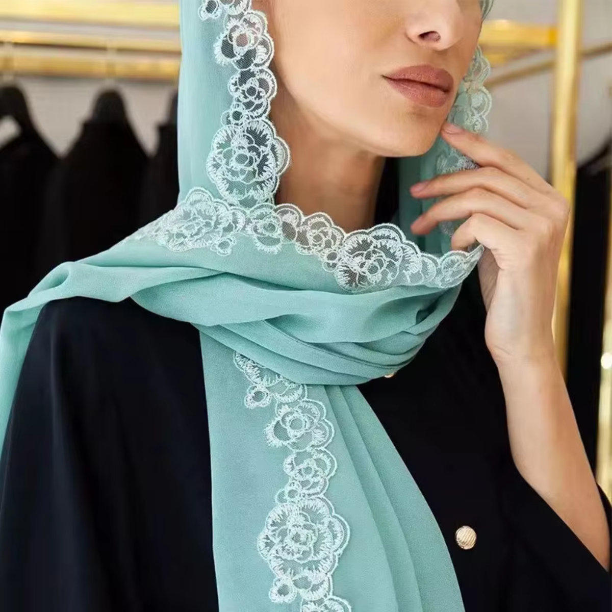 Trendy Plain Lace Scarf Bubble Chiffon Hijabs Solid Color Embroidered Scarfs Chiffon Muslim Woman Veil Eid Abaya Woman Turban Chiffon Hijab Scarf Long Solid Color Lace Pearl Head Wraps Scarves Ladies Beach Sunscreen Shawls Veils Scarf for women.