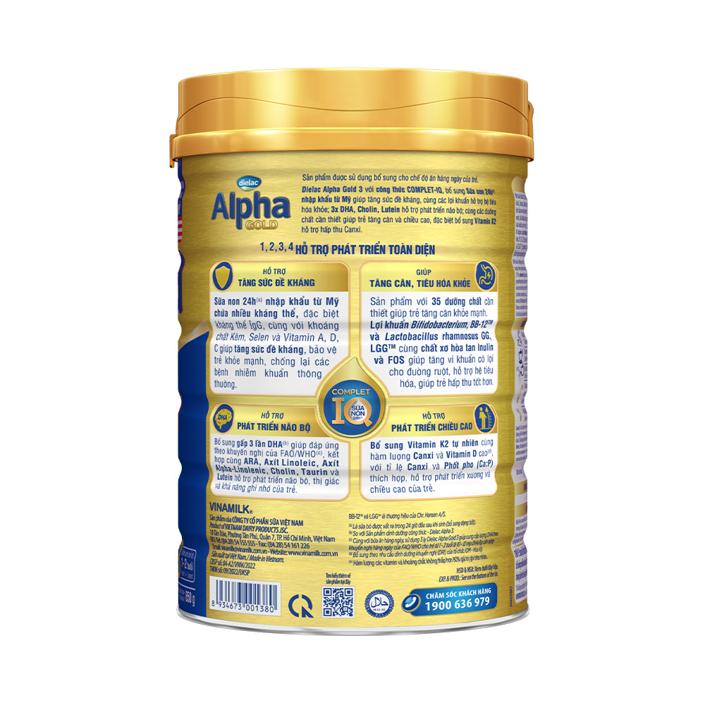 Sữa bột Dielac Alpha Gold 3 - lon 850g (cho trẻ từ 1 - 2 tuổi) Date xa