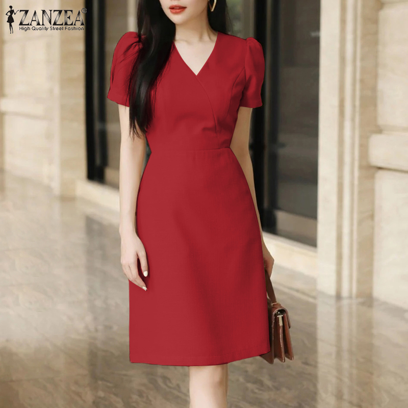 ZANZEA%20Korean%20Style%20Womens%20Elegant%20Party%20Puff%20Sleeve%20V-Neck%20Sundress%20Plain%20Mini%20Dresses%20Red%20Dress%20-%20Image%203