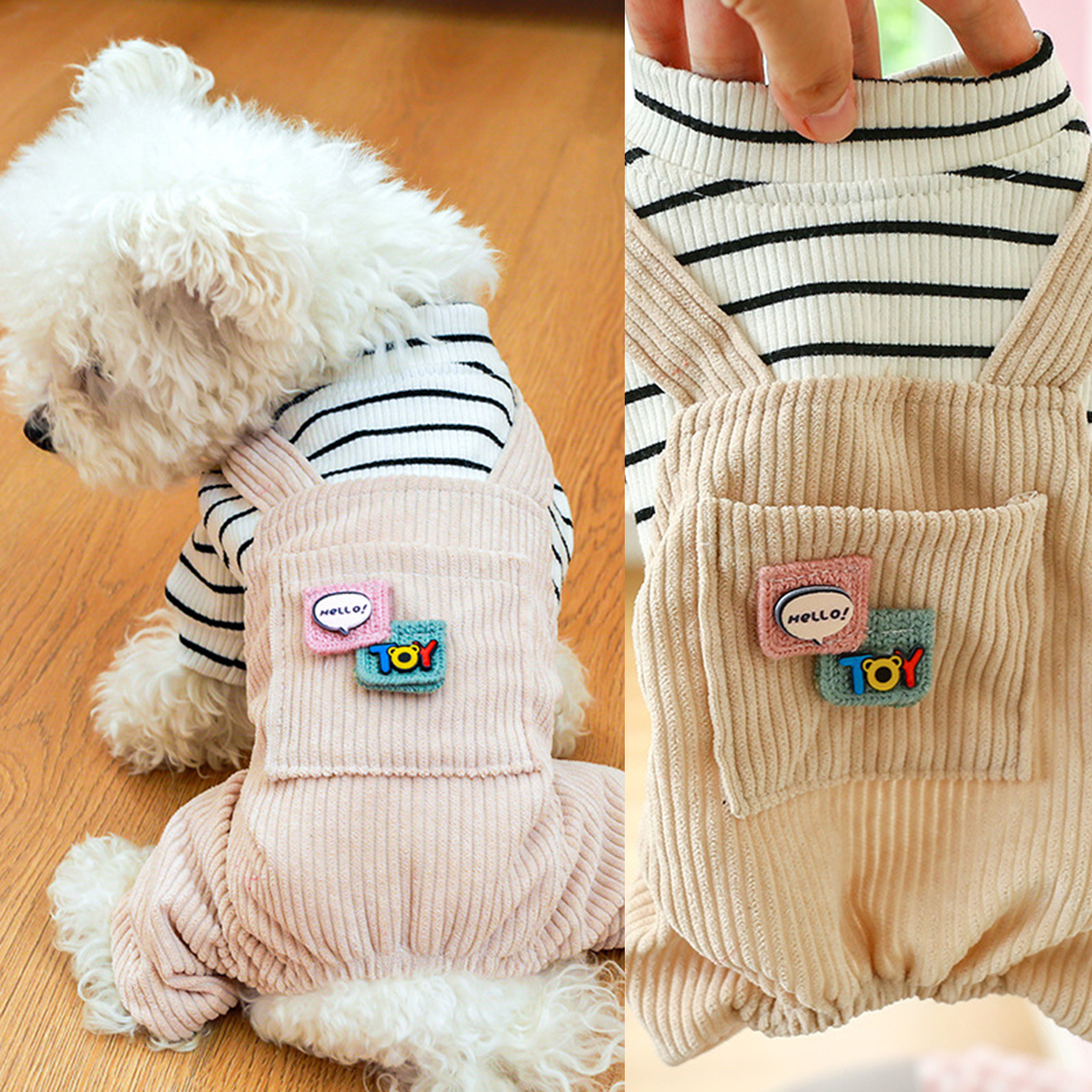 1Pc Pet Clothes Winter Warm Black And White Striped Pocket Overalls Close-fitting for Dogs Cats Puppy Kitten
