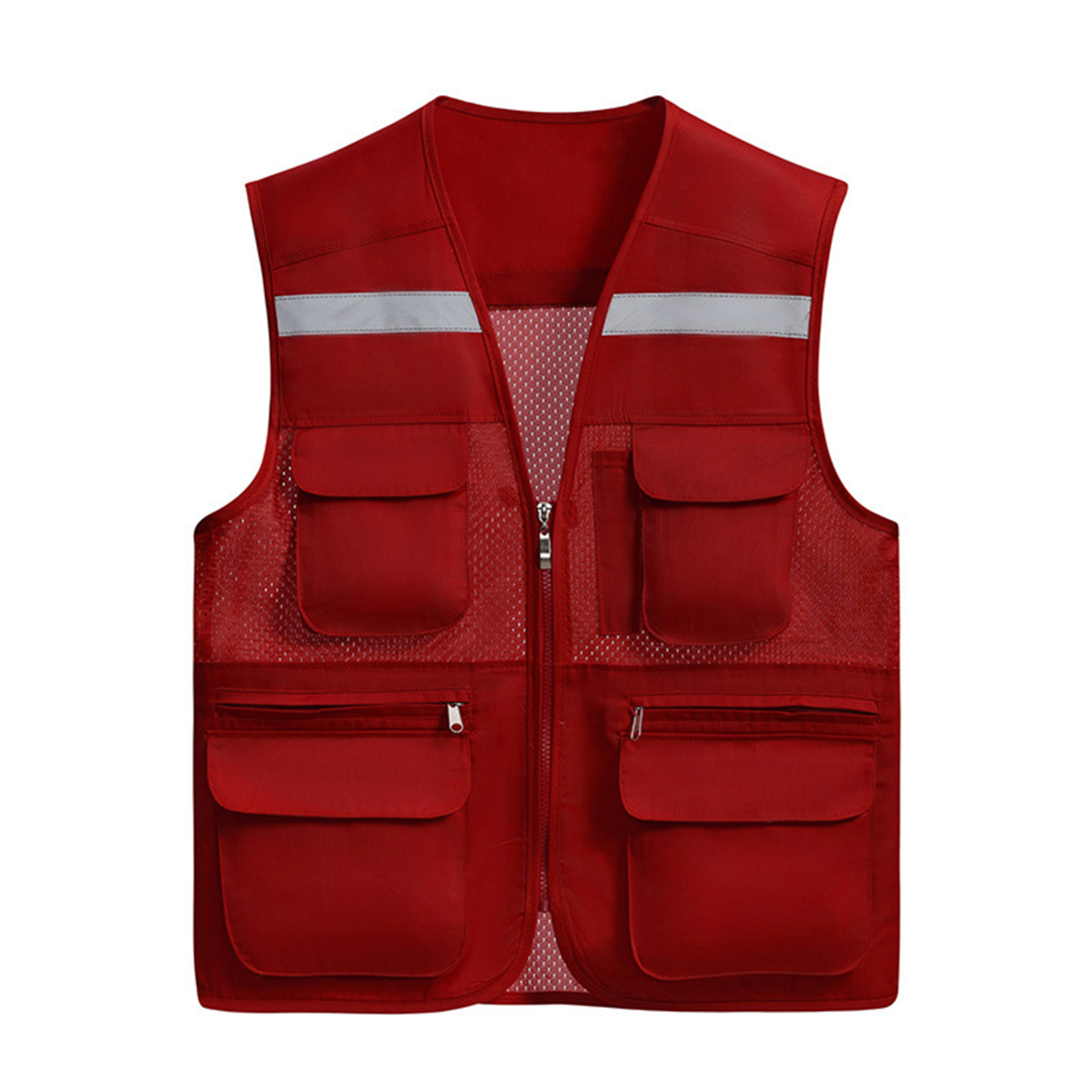 Multi Pockets Mesh Stitching Zipper Placket Vest Coat Outdoor Photographer Fishing Reflective Vest Jacket