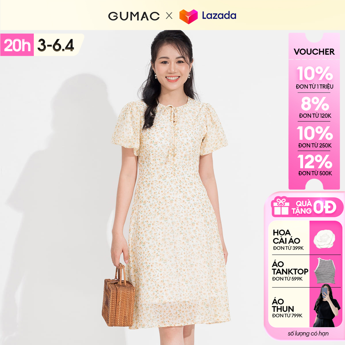 [15 - 17.6 |Voucher 8-15%] Đầm nữ A GUMAC, Đầm nữ hoa nơ cổ DD05083