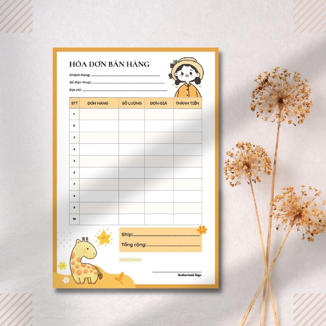 50 tờ, hóa đơn bán hàng, Hoá đơn bán lẻ giấy photo hoạt ảnh cực cute size 21x14.5cm