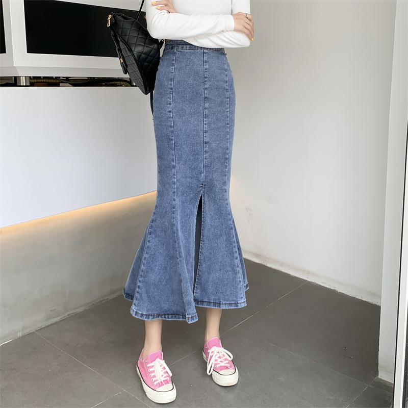Newlan qz049 chân váy jean chữ a đuôi cá cạp cao cá tính thời jean dài đuôi cá ôm sát cách điệu ôm body đuôi cá dáng dài phong cách hàn quốc bò demin trang xuân hè bò