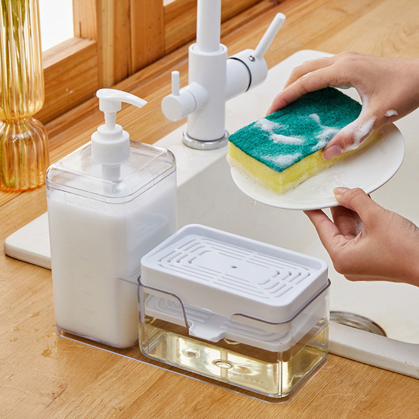 Dish Soap Dispenser Organizer Draining Tray Sponge Holder Organizer for Kitchen Sink Large Capacity Soap Pump Dispenser