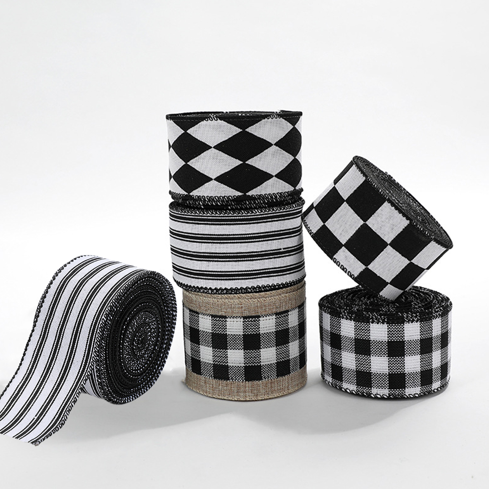 JM 2M/Roll Craft Ribbon Imitation Ribbon Wire Wire Edge Linen Ribbon Christmas Decoration Black and White Snowflake Plaid Ribbon