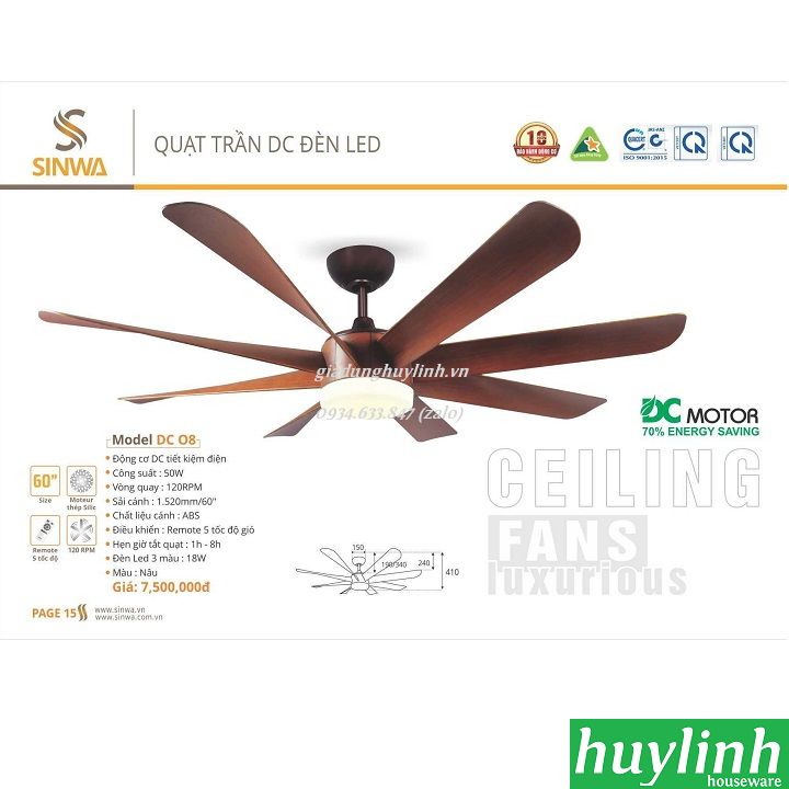 [HCM][Trả góp 0%]Quạt trần đèn LED Sinwa DC08 - 8 cánh - DC inverter