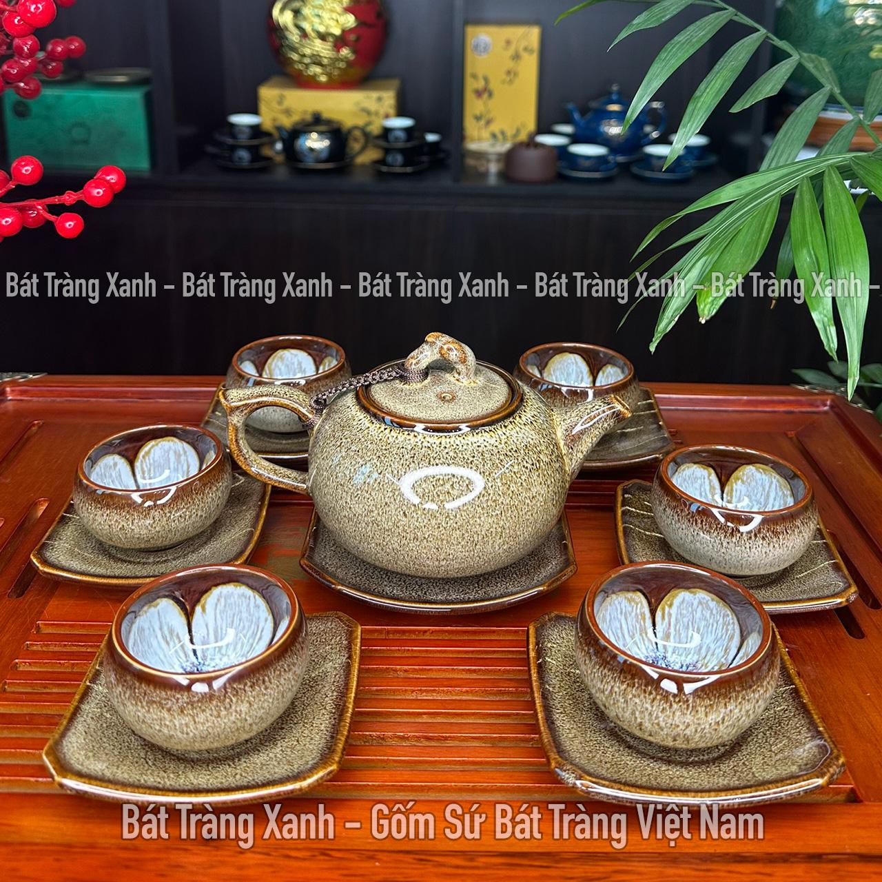 Bộ Ấm Chén Quả Hồng Cà Phê- Bộ Ấm Trà Men Hoả Biến Bát Tràng Cao Cấp