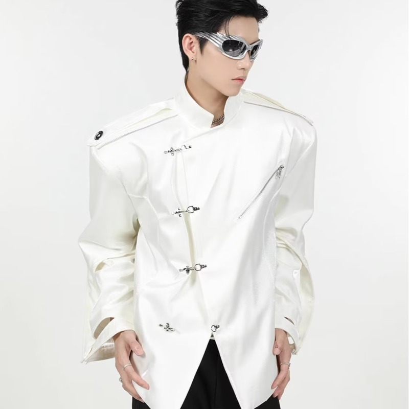 YAZHINIAO Men'sjacketAmericanstreettrendnichedesignsenseliquidmetalbrightshoulderpaddedjacketloosestand-upcollarhigh-endcasualjacket