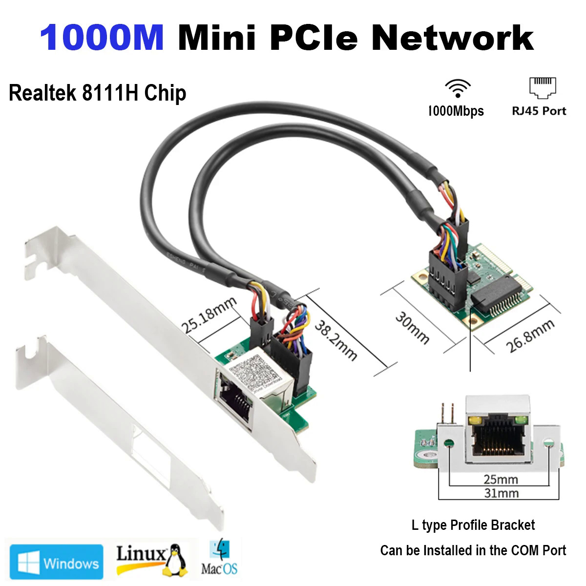 Iocrest mini pcie 1000 m gigabit ethernet rj45 port adapter 101001000 mbps mạng lan điều khiển thẻ nic realtek 8111h chip