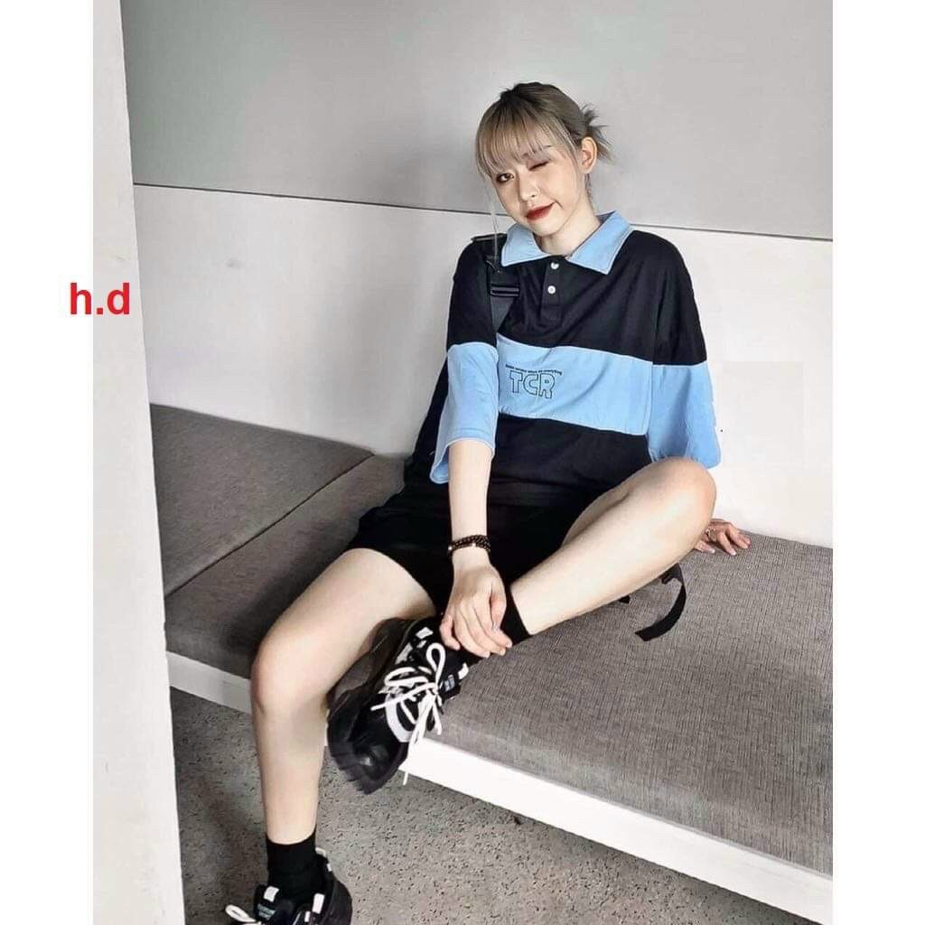 Sét bộ unisex dáng thụng áo polo phối màu và quần sooc cá tính