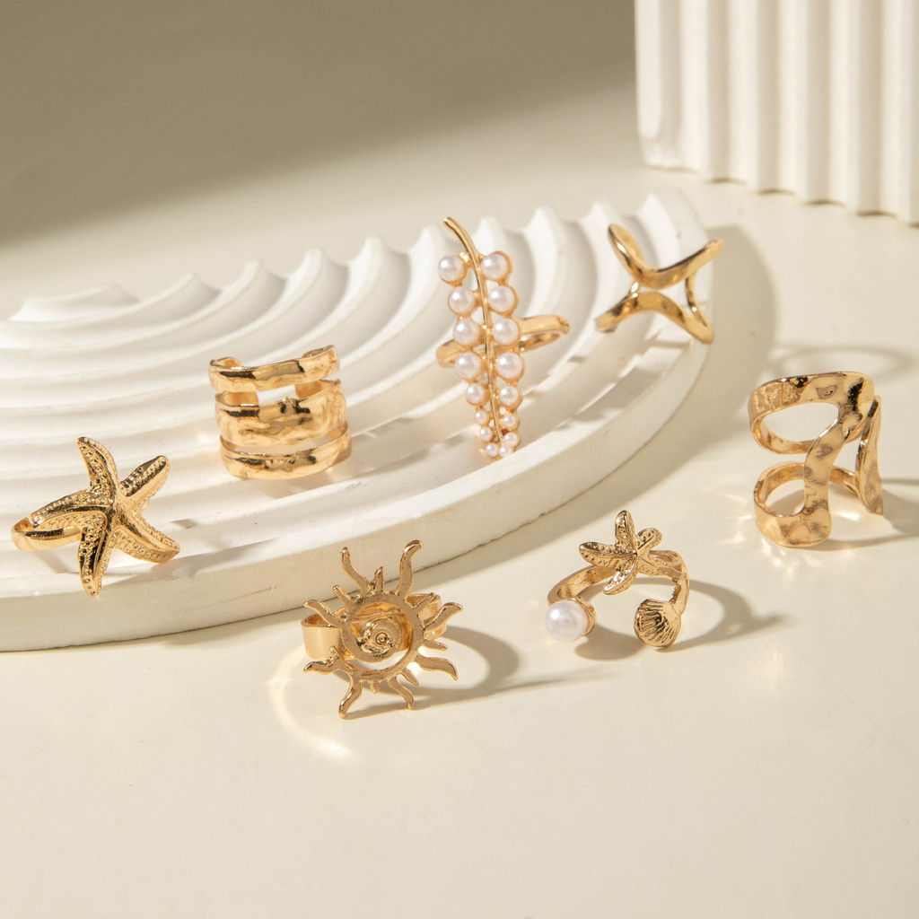 Enacolor%206Pcs/Set%20Rings%20Retro%20Leaf%20Pearls%20Ring%20Set%20Women's%20Party%20Irregular%20Starfish%20Sun%20Rings%20Joint%20Finger%20Jewelry%20Accessories%20-%20Image%205