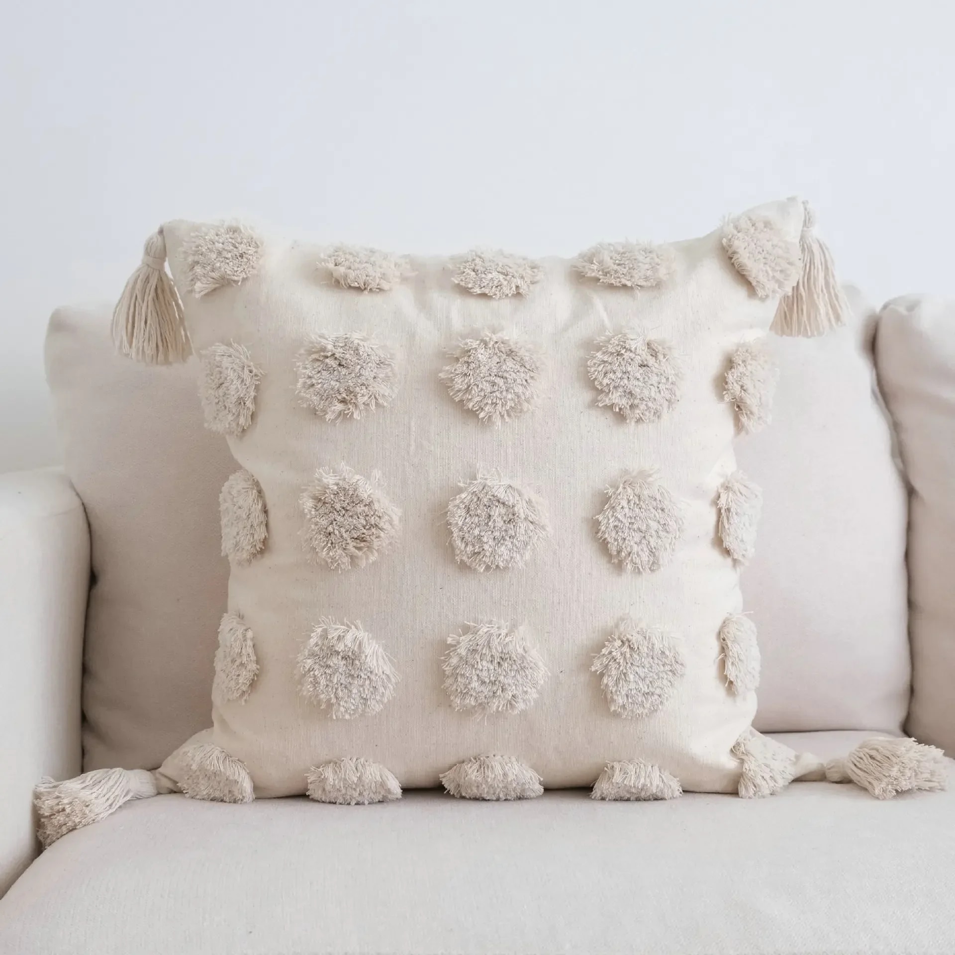 Cotton and Linen Tufted Tassel Cushion Cover Boho Beige Black Flocked Embroidered Pillow Cases Decorative Throw Pillow Cover