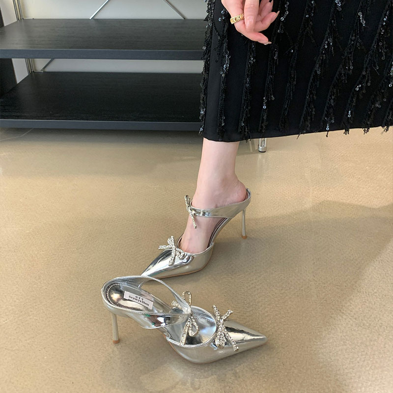 Women's high heels high-end silver rhinestone bow pointed heels