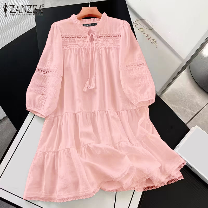 ZANZEA%20Women%20Vacation%20O%20Neck%20Tassel%20Lace%20Up%20A-Line%20Dress%20Lace%20Splicing%203/4%20Lantern%20Sleeve%20Solid%20Midi%20Dresses%20-%20Image%202