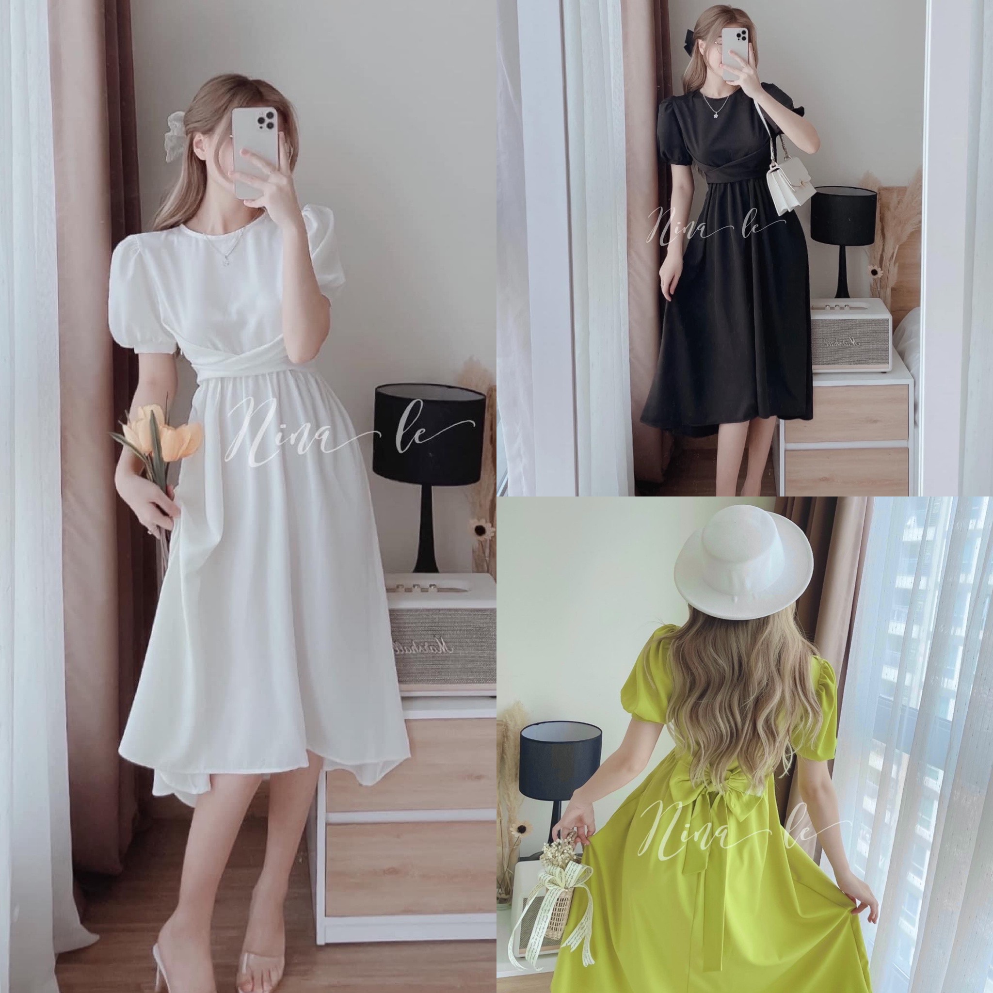 Đầm Nữ Tay Phồng Xoè Tiểu Thư Nhúng Eo