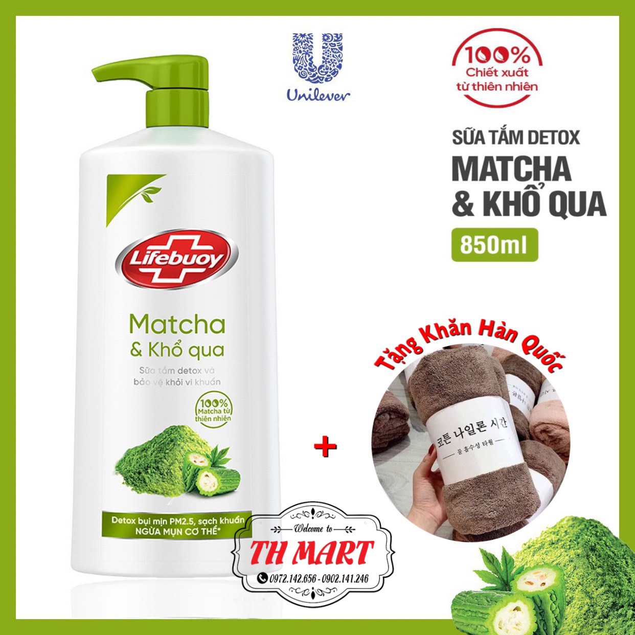 sữa tắm lifebuoy khổ qua, than hoạt tính và muối hồng bảo vệ khỏi vi khuẩn chai 800g ( Tặng Khăn )
