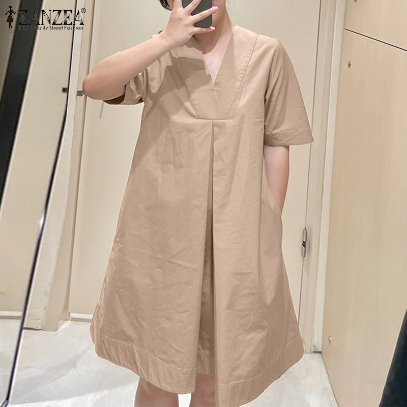 Celmia ZANZEA Korean Style Womens Casual Loose A-Line Dresses Short Sleeve V-Neck Sundress #8