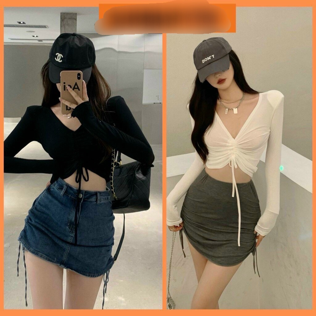 Áo croptop tay dài cổ tim rút dây thun gân xuất, hai màu đen trắng, Áo croptop cổ tim rút dây tay bồng mã: UN98532