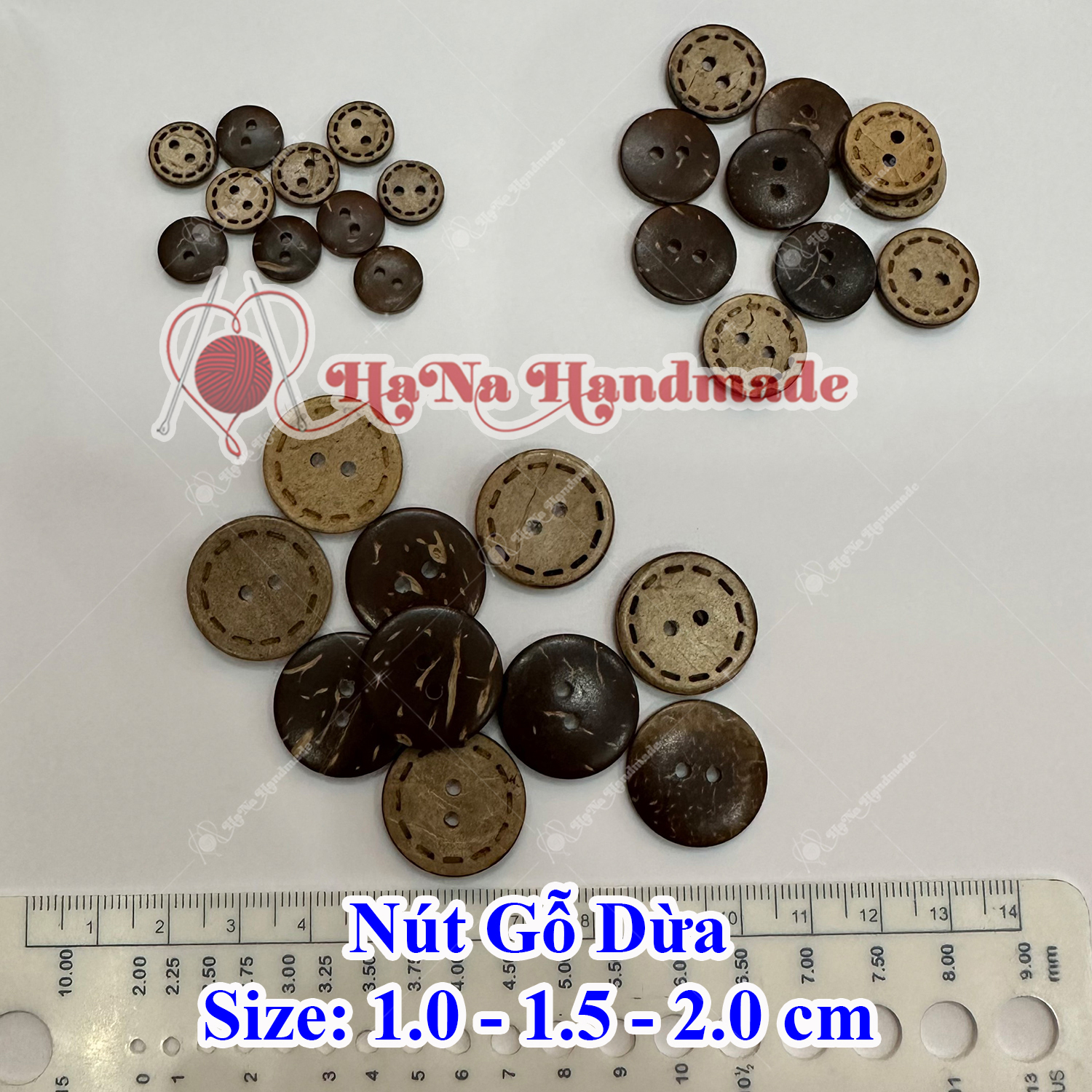Coconut Wood Buttons Set of 10 Pieces, Size 1cm -1.5Cm -2.0Cm