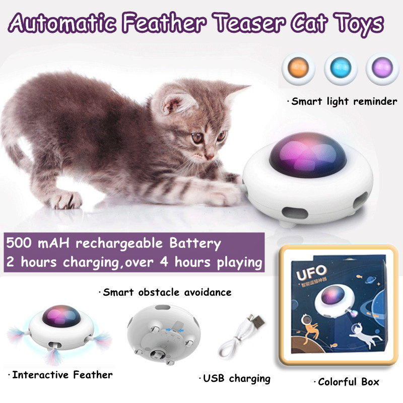 【Cat Toys】 UFO Automatic Feather Teaser Cat Toys Random Interactive