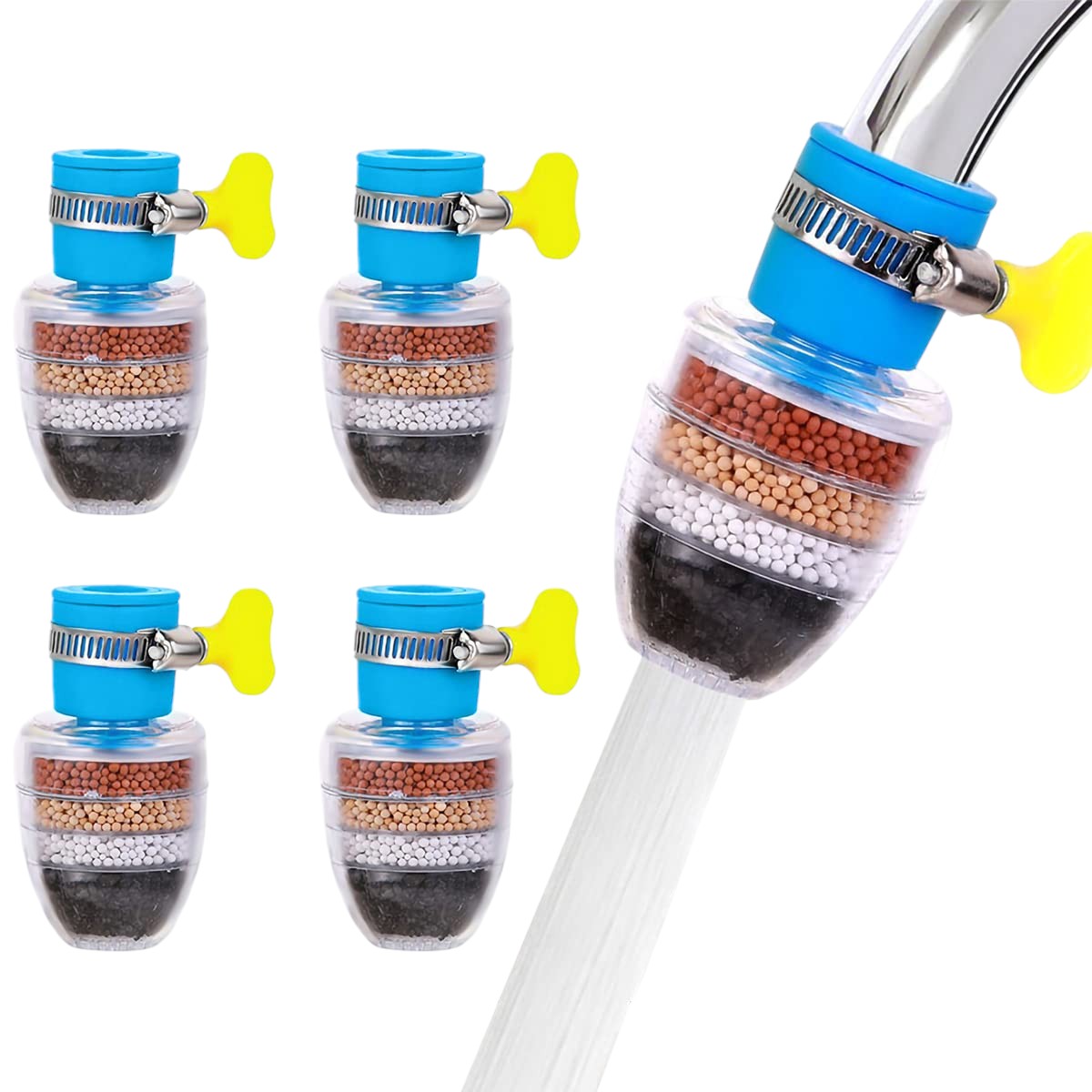 Splash Proof 4Pcs Water Purifier Tap Head – Rotatable and Reusable Faucet Filters – 6-Layer Carbon System for Home Sink, Bath and Shower. 