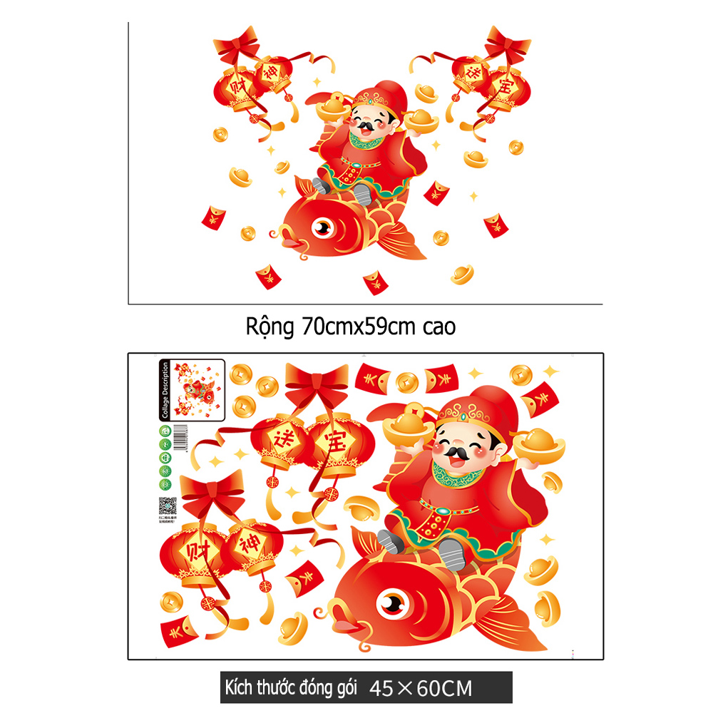 DECAL TẾT – Táo Quân Cưỡi Cá Chép và Lồng Đèn