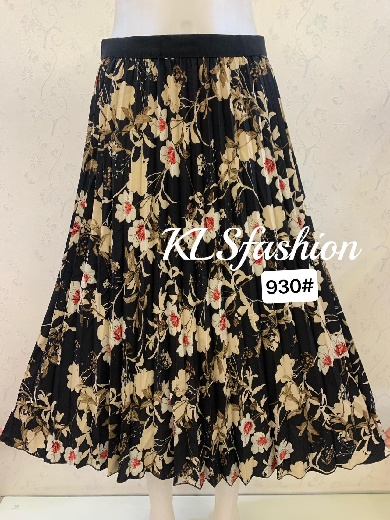 Printed Floral Pleated Midi Skirt Elastic Band Waist Palda