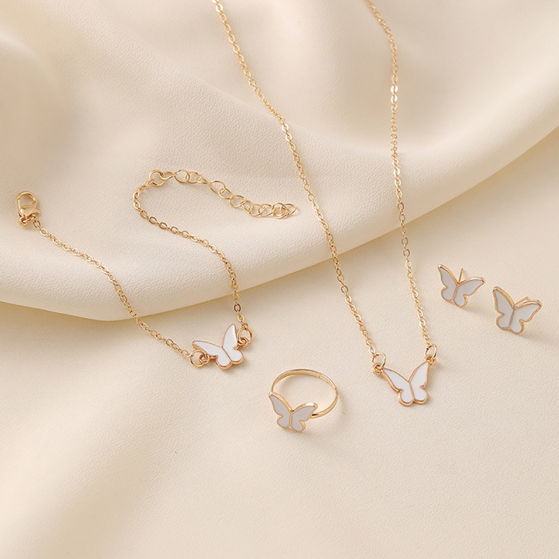 1Set Fashion Exquisite Simple Versatile Butterfly Necklace Bracelet Earrings Ring For Women Girls Wedding Party Jewelry Set Gift Mzea. 