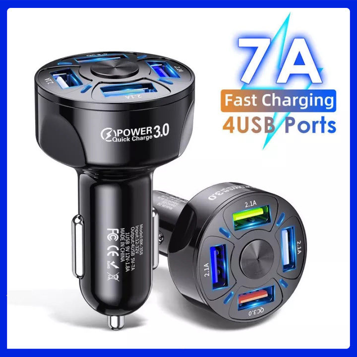 AUTOHM Car USB Charger 7A 48W 4 port Quick Charge 3.0 4.0 Universal Fast Charging For iphone 13 Samsung Origanal Fast Charger With Voltmeter