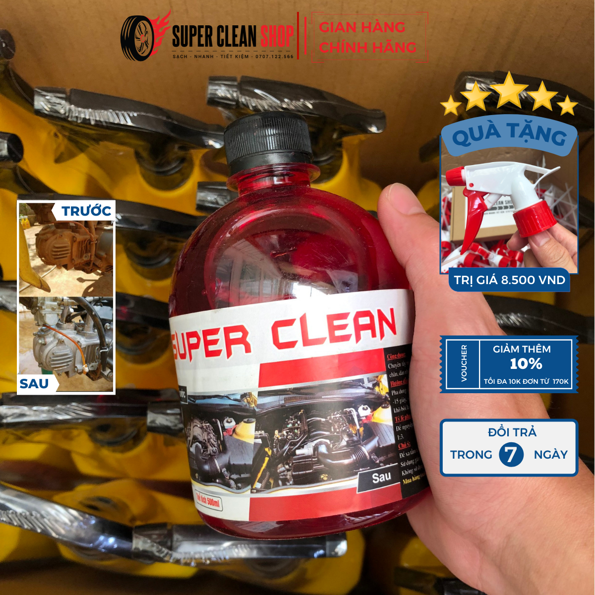 [TẶNG VÒI XỊT + TẶNG CỌ DETAILING] DUNG DỊCH TẨY RỬA LỐC MÁY SUPER CLEAN | SIÊU SẠCH