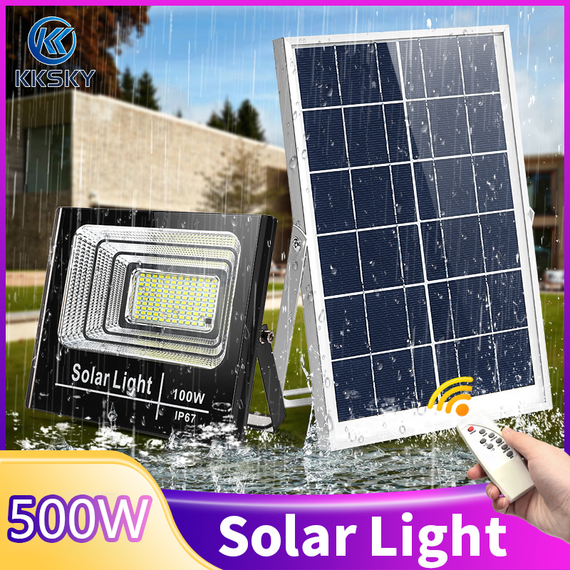 KKSKY ไฟโซล่าเซล Solar Light LED โซล่าเซลล์ สปอตไลท์ 60w 100w 200w 300w 500w ไฟledโซล่าเซลล์ ไฟลานภายใน ไฟแสงอาทิตย์  โคมไฟนอกบ้าน สปอตไลท์โซล่า สี 500w สี 500w