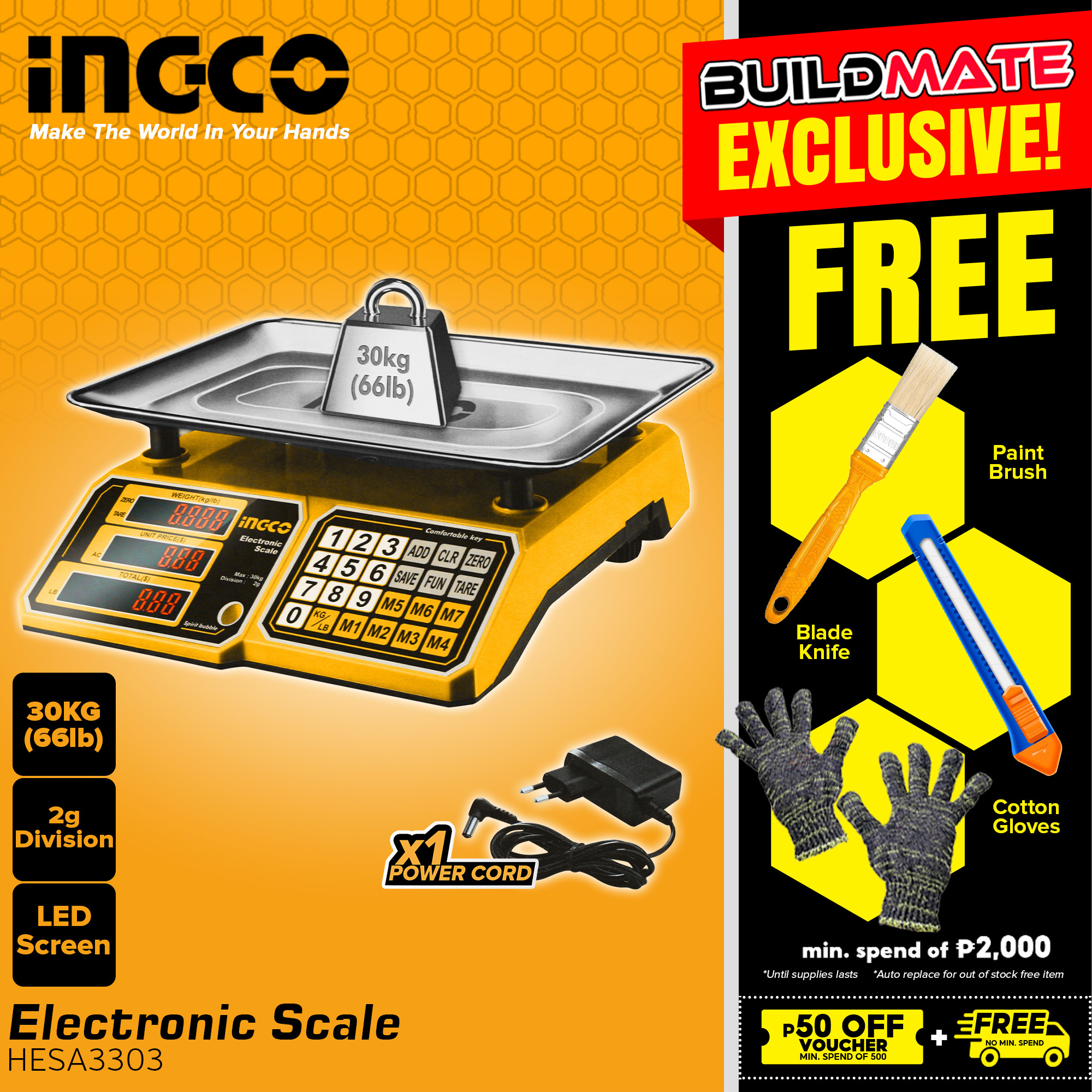 BUILDMATE Ingco Electronic Scale 30KG Rechargeable Digital Scale