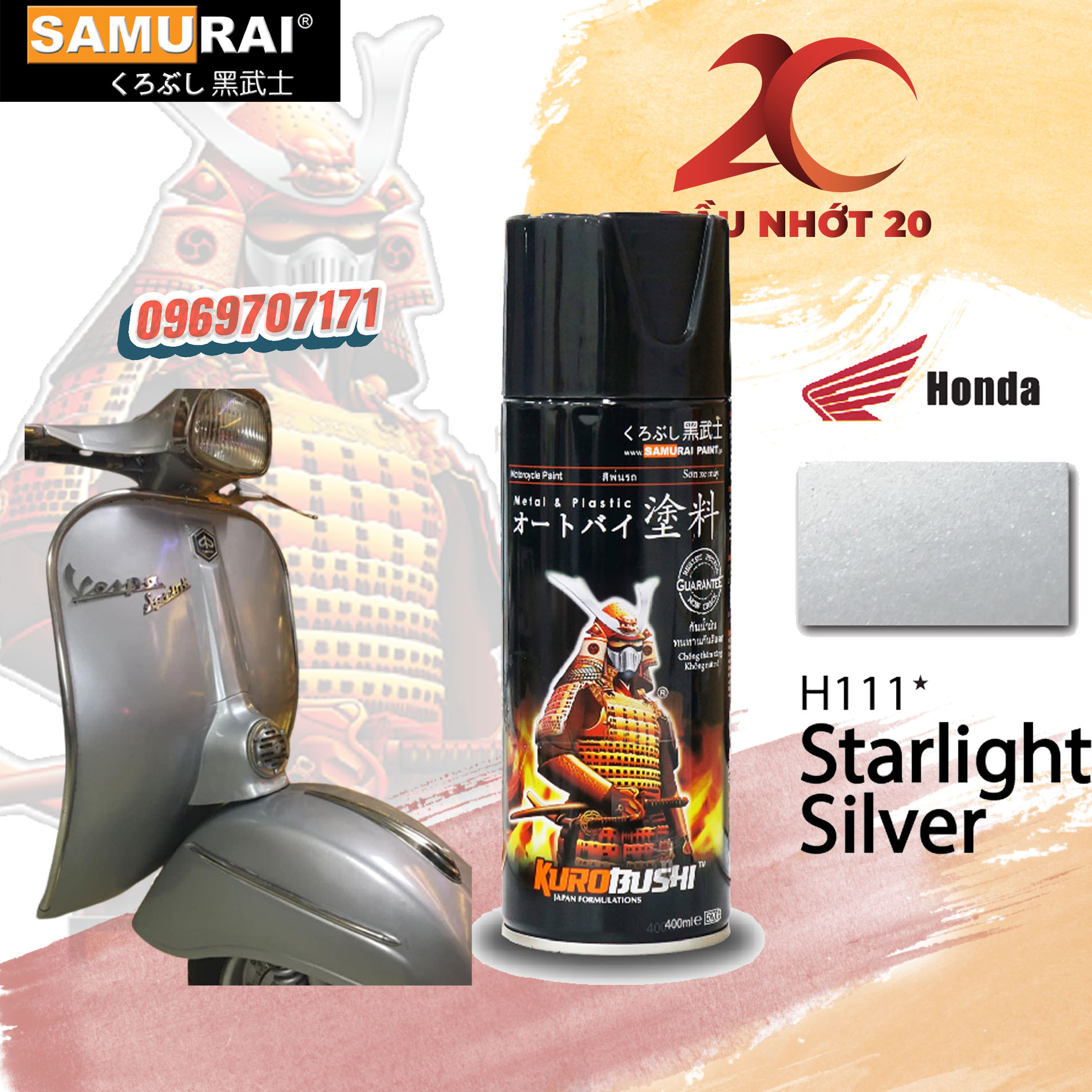 H111 _ chai sơn xịt sơn xe máy samurai h111 màu bạc sáng honda