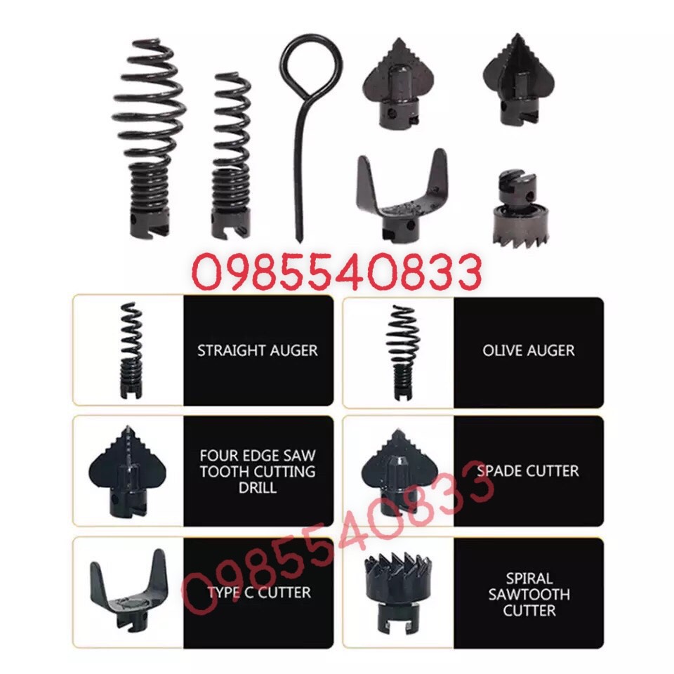 Dây thông cống dùng cho máy khoan ( 9M dây + 6 đầu thông + đầu kết nối máy khoan....)